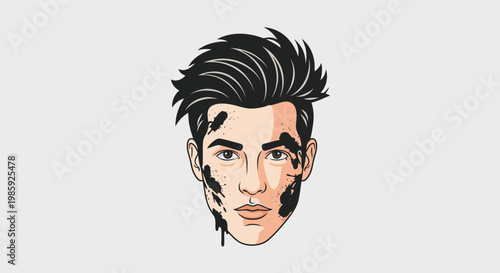 Stylized portrait of a young man with dark hair and facial markings