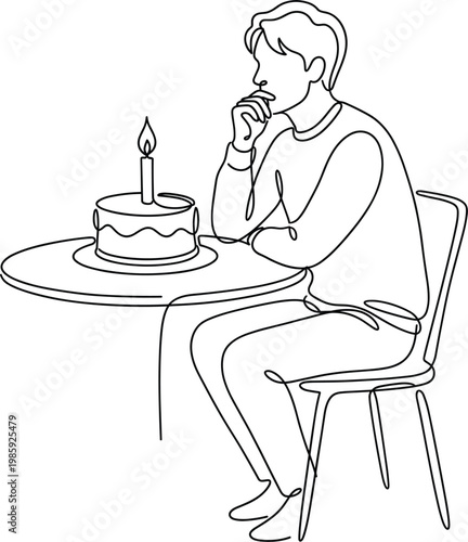 Single Line Art Drawing of Lonely Young Man Sitting at Table with Birthday Cake and Candle for Loneliness, Depression, and Mental Health Concepts