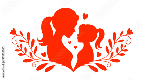 Mother and daughter silhouette with floral elements and hearts, Happy mother’s day greeting card design with floral ornament, Motherhood and love concept with mother and child profile, Decorative flor