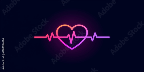 Heart and heartbeat symbol line glowing on a black background representing health care love pulse and medical cardiology monitoring