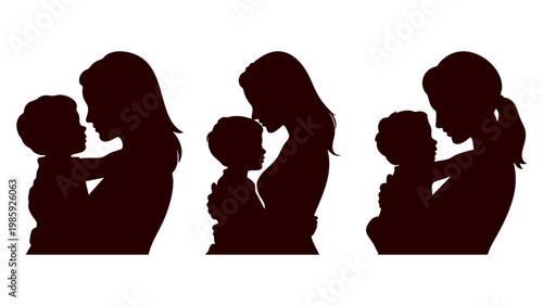 Mother and child silhouette set with baby embrace, Motherhood love and maternal bond illustration collection, Side view silhouettes of mother holding newborn baby, Vector mom and child hugging icons f