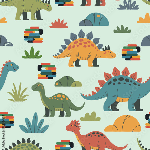 Adorable hand-drawn prehistoric seamless pattern featuring colorful cartoon dinosaurs, rocks, and plants. Perfect for children's fabric and bedding.