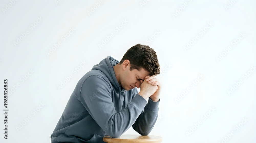 Obraz premium Young stressed businessman in gray shirt holding head in hands showing depression and mental health struggles isolated on white background.