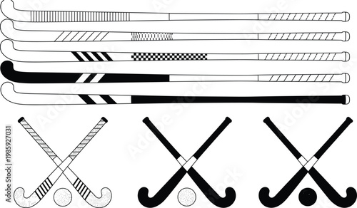 field hockey sticks vector illustration, crossed sticks and ball icons, monochrome sports equipment set, isolated design elements for branding print
