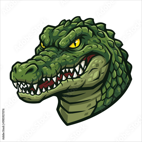 Menacing green crocodile head illustration, a fierce reptile mascot with sharp teeth and intense yellow eyes, embodying power and aggression in a bold cartoon graphic design