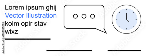 Communication, time tracking, messaging apps, user interfaces, design templates, productivity tools. Speech bubble with dots, clock and placeholder text. Communication and time tracking concepts