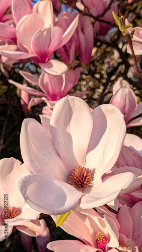 Soft pink magnolia blossoms glow in golden sunlight. Petals unfurl delicately, framing a tranquil spring scene. Branches frame the blooms against a clear blue sky. Natural beauty radiates calmness