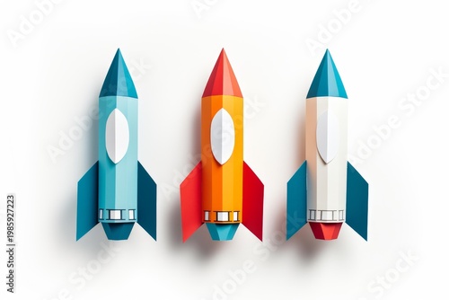Three colorful paper cut rockets lifting off, symbolizing business growth and innovation