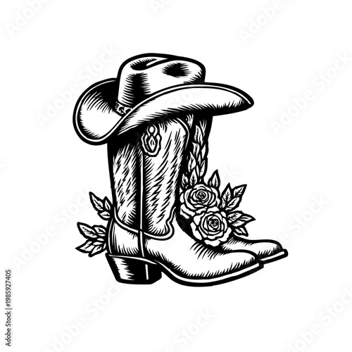 Floral hand drawn vector illustration of a sketch of a cowgirl boots