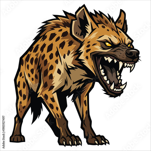 Fierce Hyena Growling with Mouth Open and Sharp Teeth, Illustrating Wild Nature and Animal Aggression