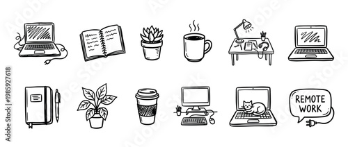 Hand drawn remote work office elements collection features various doodle-style illustrations including laptops, coffee, plants, and desk setups, conveying a modern work-from-home concept