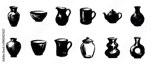 Collection of hand-drawn black pottery sketches featuring various shapes like vases, mugs, bowls, and a teapot in an artistic, minimalist style with rough brush strokes