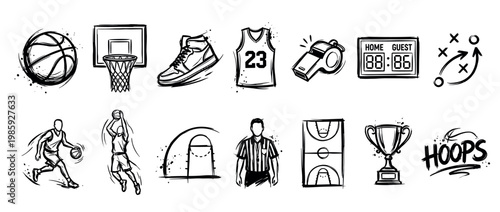 Collection of hand-drawn basketball themed icons, featuring players, equipment, and game elements in a dynamic, energetic sketch style