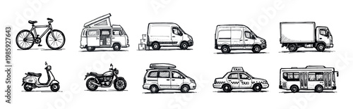 Various hand-drawn transportation vehicles are neatly arranged in two rows, showcasing different modes of urban and delivery travel with a charming sketch art style
