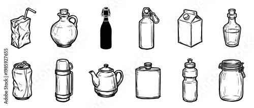 Collection of hand drawn beverage containers including bottles, cans, jars, and cartons in a black and white sketch style illustration set for various liquid packaging concepts