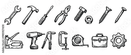 Large set of hand-drawn tools and hardware including a hammer, wrench, and drill in a black and white sketch illustration style, representing repair and DIY projects