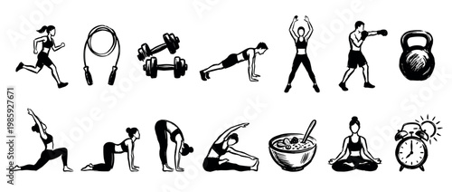 Collection of hand-drawn black and white fitness and wellness icons, featuring people exercising, gym equipment, healthy food, and a morning alarm clock, rendered in a dynamic, illustrative style