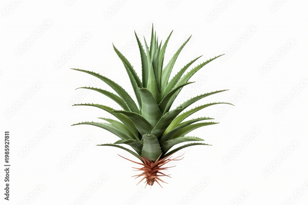 Fototapeta premium Green agave plant displaying its long spiky leaves and roots on a clean white background