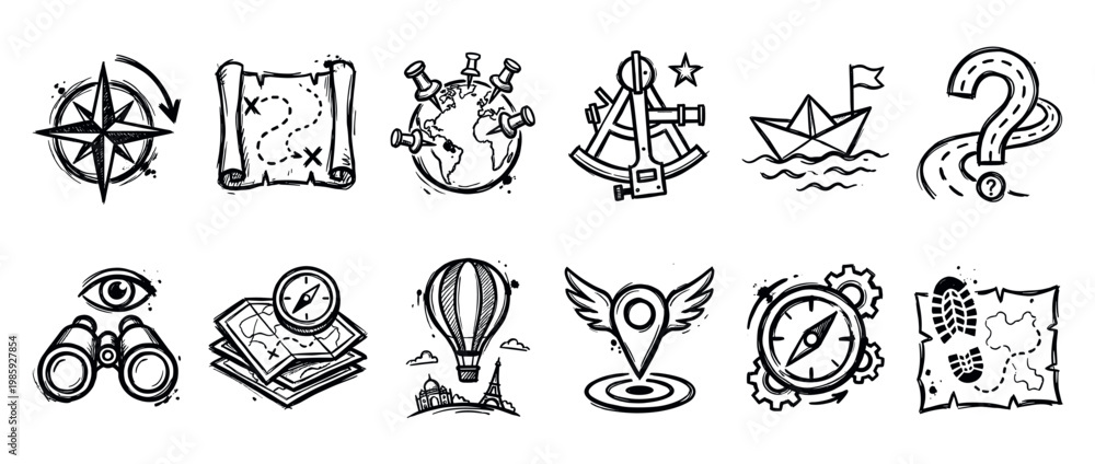 Obraz premium Collection of hand-drawn travel and navigation icons features various exploration symbols rendered in a detailed, expressive sketch style