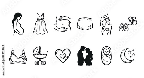 Collection of black and white pregnancy and baby icons, featuring pregnant women, maternity clothes, baby items, and symbols of love and new life, rendered in a charming hand-drawn doodle style