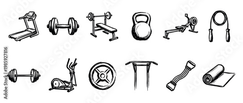 Hand-drawn gym and fitness equipment icons set featuring a treadmill, dumbbell, kettlebell, and bench press in a black and white sketch style for workout and exercise concepts