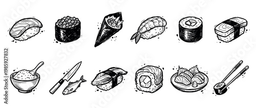 Hand-drawn black and white illustration set of traditional Japanese food, including various types of sushi, sashimi, nigiri, temaki, and maki rolls in a detailed sketch style