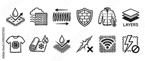 Hand drawn fabric property icons set in a black and white sketch style, illustrating features like waterproof, breathable, thermal, and stretchable materials for technical apparel