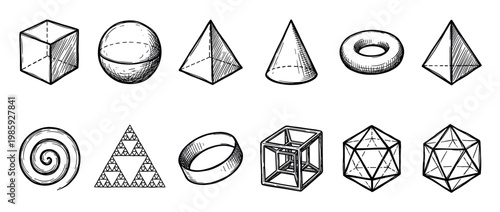 Various hand-drawn geometric and mathematical shapes are illustrated in a detailed black and white sketch style, showcasing polyhedrons, spheres, cones, a torus, a spiral, and a Sierpinski triangle