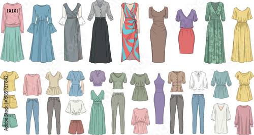 Women clothing vector collection with dresses tops pants skirts and stylish fashion outfit illustration set