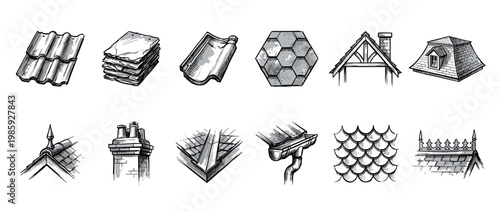 Collection of hand-drawn roof elements and materials showing various architectural styles, including tiles, shingles, chimneys, and gutters in a detailed sketch illustration set