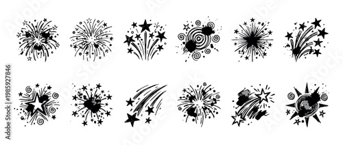 Hand-drawn firework doodle vector icon set with celebratory bursts, stars, swirls, and ink splatters in a black and white sketchy, grunge illustration style