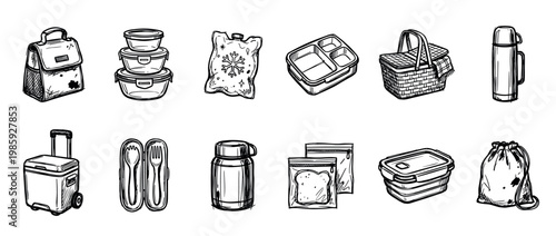 Collection of hand-drawn lunch box items including a cooler, thermos, containers, and picnic basket in a black and white sketch illustration style for food on the go concepts