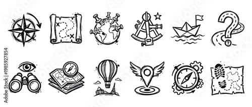 Collection of hand-drawn travel and navigation icons features various exploration symbols rendered in a detailed, expressive sketch style