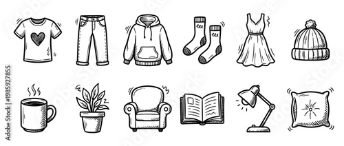 Hand-drawn doodle style icons illustrating a variety of cozy clothing and home items, including a t-shirt, jeans, hoodie, socks, dress, beanie, mug, plant, armchair, book, lamp, and pillow