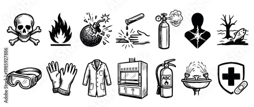 Set of hand-drawn safety and hazard icons in a sketch style showing symbols for toxic, flammable, explosive, and environmental dangers with protective equipment and first aid