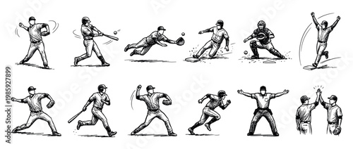 Dynamic hand-drawn baseball players performing various actions, including pitching, batting, sliding, and catching, depicted in a lively sketch art style