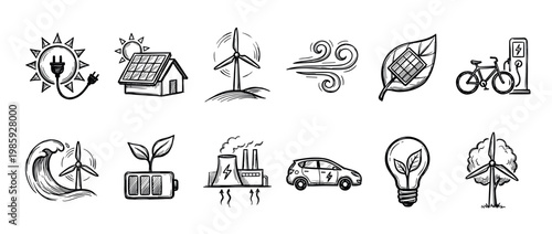 This collection of hand-drawn renewable energy icons features various sustainable power sources and eco-friendly concepts, rendered in a simple, illustrative sketch style