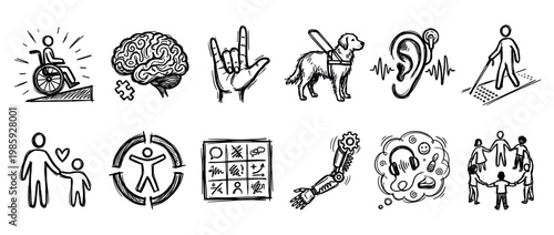Set of hand-drawn disability and accessibility icons representing various conditions like mobility, hearing, vision, and neurodiversity in a simple sketch style for inclusive design concepts