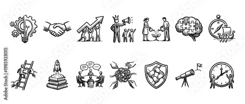 This collection of hand-drawn business concept icons illustrates various aspects of strategy, growth, innovation, and teamwork in a detailed, conceptual sketch style