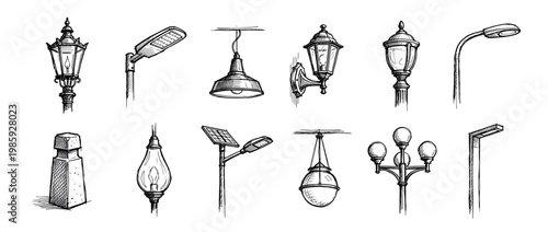 Various hand-drawn street lamps and outdoor lights are depicted in a detailed sketch style, showcasing diverse designs from classic lanterns to modern solar-powered fixtures