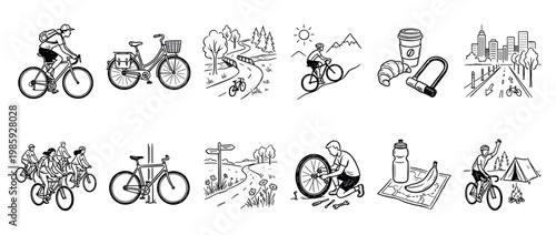 Various hand-drawn cycling illustrations depicting different aspects of bike life, including riders, bikes, cityscapes, nature trails, and essential gear in a doodle style