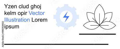 Innovation, eco-friendly design, renewable energy, sustainable technology, nature connectivity, and modern solutions. A gear with a lightning bolt and a minimalistic leaf shape. Renewable energy