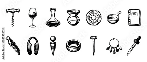 Set of hand-drawn wine accessories and sommelier equipment icons in a black and white sketch style, featuring a corkscrew, glass, decanter, stopper, and tasting tools