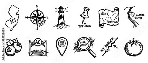 Collection of hand-drawn regional landmark and food icons, including a state outline, compass, lighthouse, map, river, blueberries, archway, diner, magnifying glass, border, and a tomato