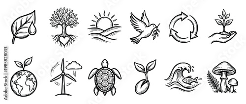 Various hand-drawn nature and environment icons are depicted in a clean, illustrative style, showcasing themes of ecology, sustainability, and conservation