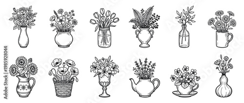 Hand-drawn collection of various flower bouquets in decorative vases, jars, and teapots, a charming set of floral arrangements in a black and white doodle illustration style