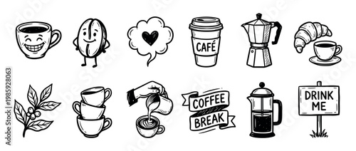 Charming collection of hand-drawn coffee-themed doodle icons, including smiling cups, coffee beans, a moka pot, and a "Coffee Break" banner, presented in a cheerful black and white sketch style