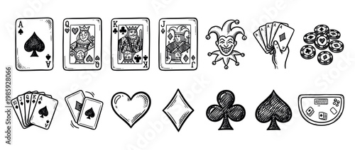 Collection of hand-drawn gambling icons featuring playing cards, poker chips, card suits, and a joker in a vintage black and white sketch illustration style for casino designs