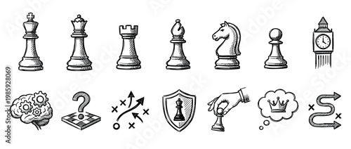 Various hand-drawn sketch-style chess and strategy icons are depicted in a collection of black and white illustrations, showcasing elements of planning, intelligence, and time management