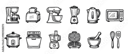 Various hand-drawn kitchen appliances and cooking utensils are neatly arranged in a charming doodle style, showcasing essential domestic equipment for modern homes